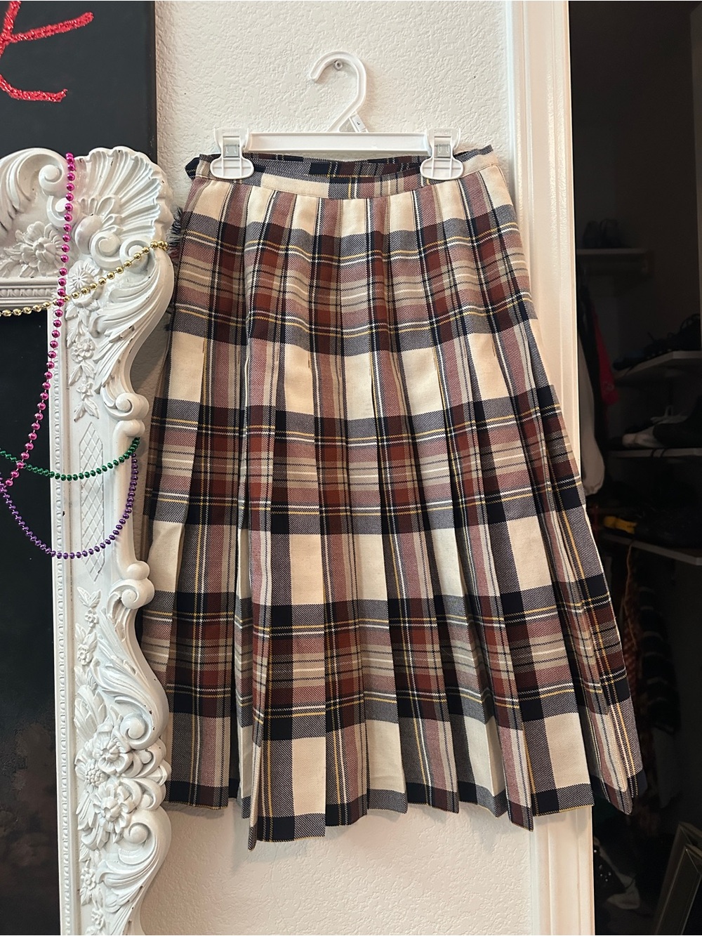 Plaid Pleated Midi Skirt - Beige and Brown